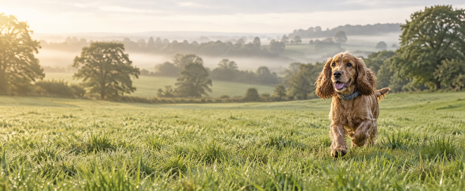 A happy spaniel running through a green countryside field
